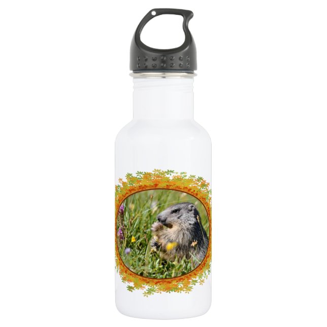 Alpine marmot eating flower in frame of leaves 532 ml water bottle (Front)