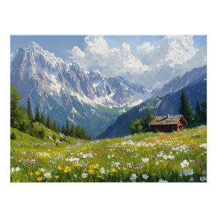 Alpine Meadow with Flowers and Small Cottage Poster