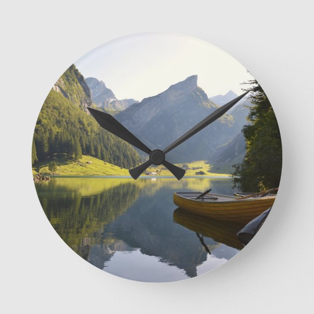 Alpine Mountain Lake in Switzerland Round Clock (Front)