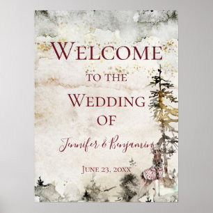 Alpine Mountain Stag Burgundy Welcome Wedding   Poster