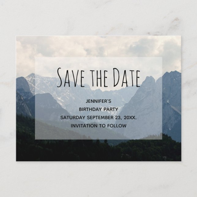 Alpine Mountains Country Birthday Save the Date Invitation Postcard (Front)