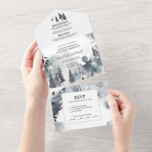 Alpine Pine Trees, Mountains, Mist Wedding   All In One Invitation