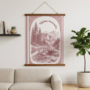 Alpine Serenity Mountain Bliss Pine Trees Bridge Hanging Tapestry