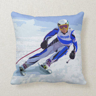 Alpine Skier In Blue With Your Name Drawing Cushion
