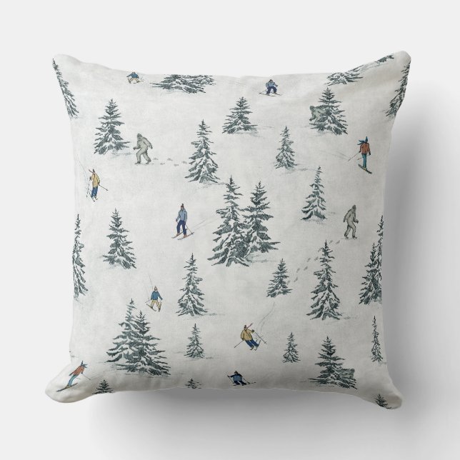 Alpine Skiers and Hidden Yetis - Downhill Skiing  Cushion (Front)