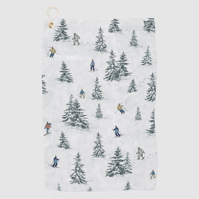Alpine Skiers and Hidden Yetis - Downhill Skiing  Golf Towel (Front)