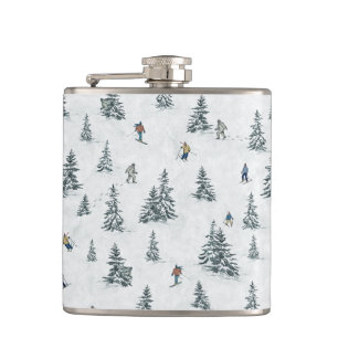 Alpine Skiers and Hidden Yetis - Downhill Skiing Hip Flask