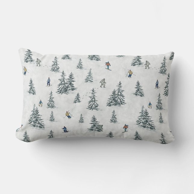 Alpine Skiers and Hidden Yetis - Downhill Skiing  Lumbar Cushion (Front)