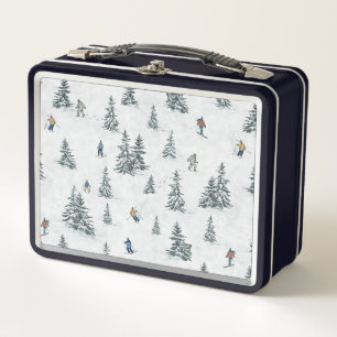 Alpine Skiers and Hidden Yetis - Downhill Skiing Metal Lunch Box