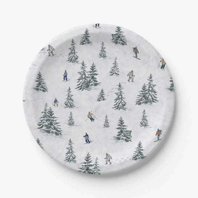 Alpine Skiers and Hidden Yetis - Downhill Skiing  Paper Plate (Front)