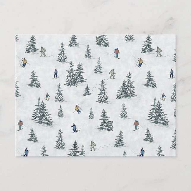 Alpine Skiers and Hidden Yetis - Downhill Skiing  Postcard (Front)