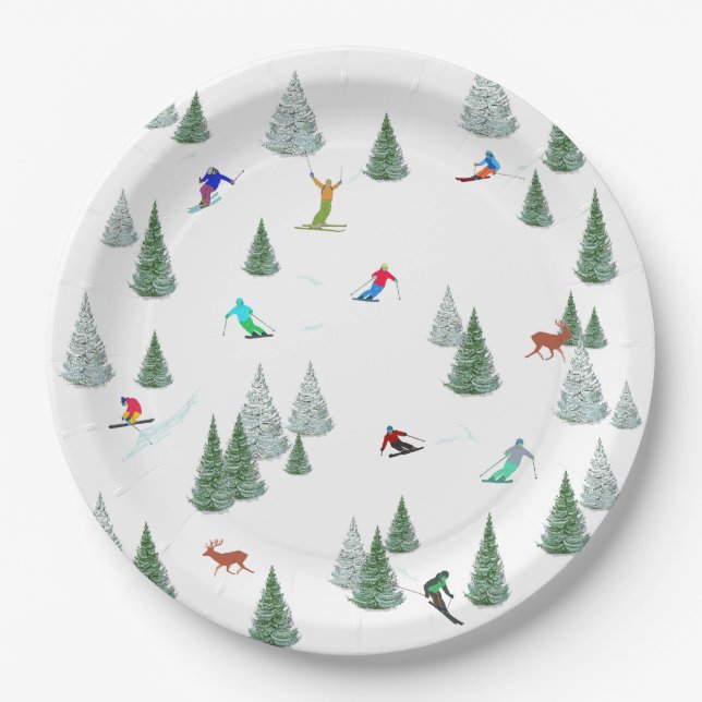 Alpine Skiers Downhill Skiing Illustration  Paper Plate (Front)
