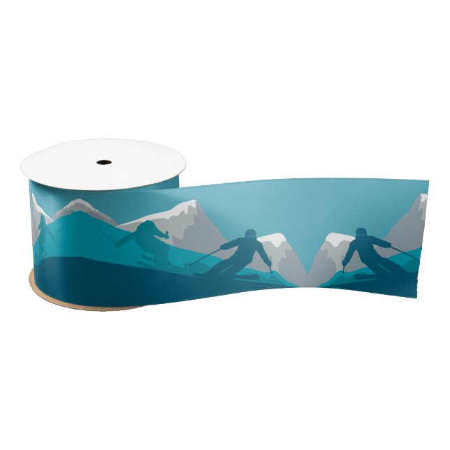 Alpine Skiers on the Snowy Mountain Personalised Satin Ribbon (Spool)