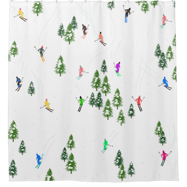  Alpine Skiers Skiing Ski Winter Trees  Shower Curtain (Front)