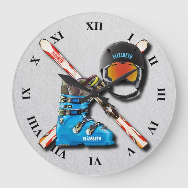 Alpine Skiing Boots Helmet Googles With Your Name Large Clock (Front)