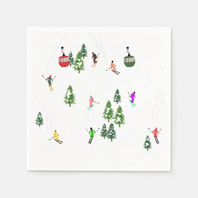  Alpine Skiing | Gondola Ski Lift Holiday Skiers Napkin (Front)