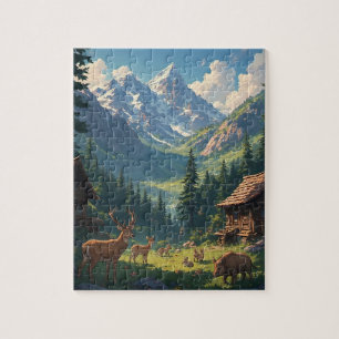 Alpine Valley Cabin Deer Landscape Jigsaw Puzzle