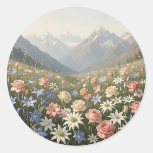 Alpine Wildflower Meadow Mountain Landscape Scene Classic Round Sticker