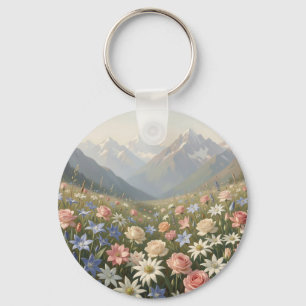 Alpine Wildflower Meadow Mountain Landscape Scene Key Ring