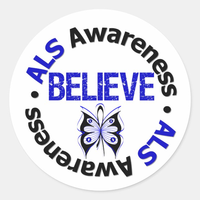 ALS Awareness Believe Butterfly Ribbon Classic Round Sticker (Front)