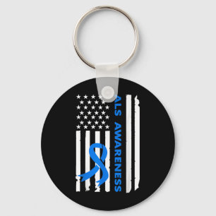 Als Awareness Blue Ribbon American Flag  Key Ring