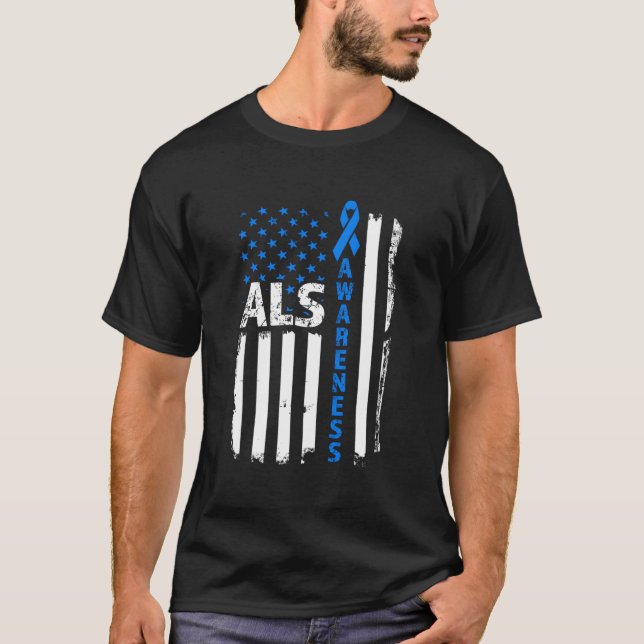 Als Awareness Blue Ribbon Us Flag T-Shirt (Front)