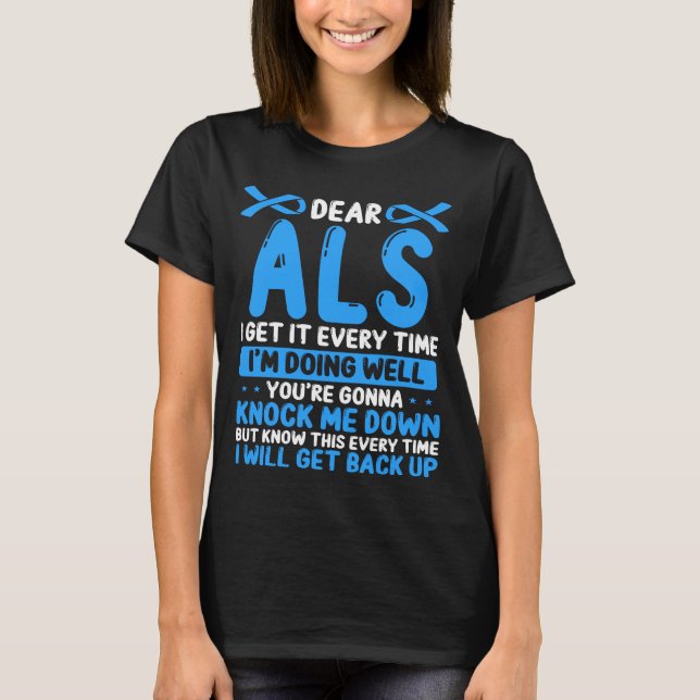 ALS Awareness Month Blue ALS Ribbon Overcoming ALS T-Shirt (Front)