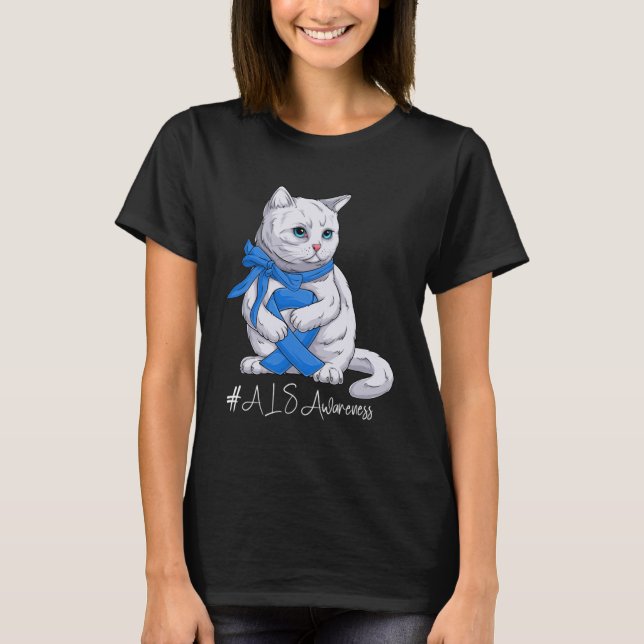 ALS Awareness Month Blue Ribbon Cat T-Shirt (Front)