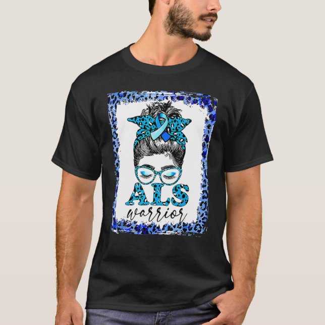 Als Warrior Leopard Messy Bun Als Awareness Month  T-Shirt (Front)