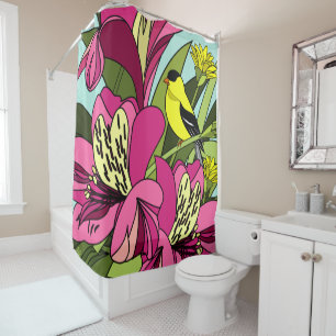 Alstroemeria Flower And Goldfinch Bird Shower Curtain