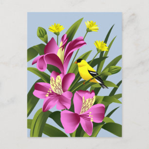Alstroemeria Flower and Goldfinch Postcard