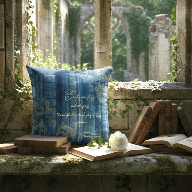 Alte Bücher - goldene Ornamente - blau  |  Cushion (Romantisches blaues Kissen mit alten Büchern und goldenen Ornamenten)