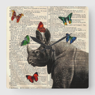 Altered Art Rhinoceros  Butterflies Wall Clock