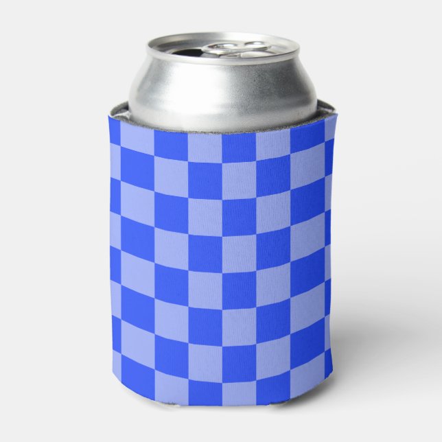 Alternating Blue and Light Purple Chequerboard Can Cooler (Can Front)