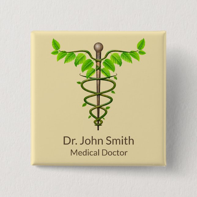Alternative Medical Caduceus Green Leaves Beige 15 Cm Square Badge (Front)