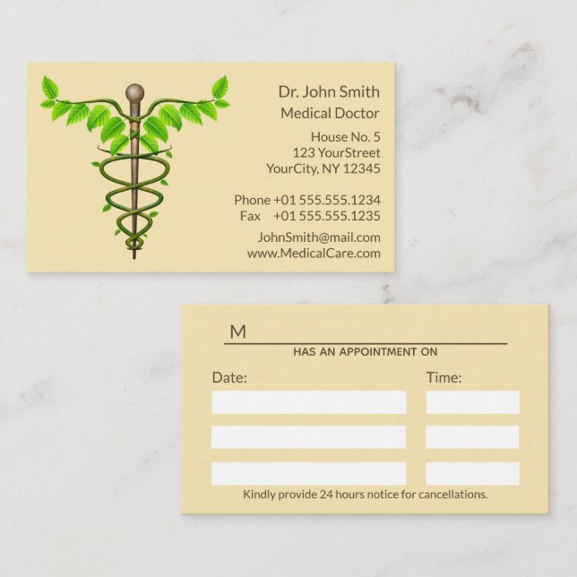 Alternative Medical Caduceus Green Leaves Beige Appointment Card (Front/Back)