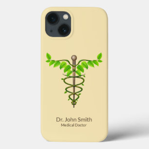 Alternative Medical Caduceus Green Leaves Beige iPhone 13 Case