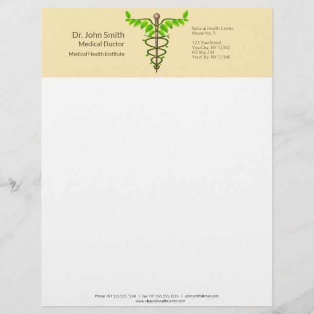 Alternative Medical Caduceus Green Leaves Beige Custom Letterhead (Front)