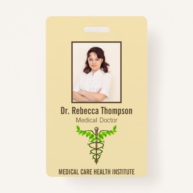 Alternative Medical Caduceus Green Leaves Beige ID Badge (Front)