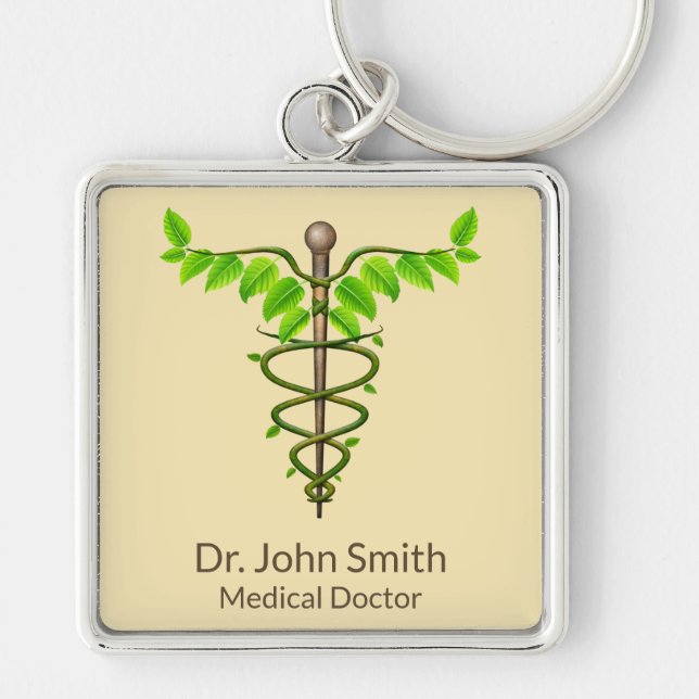 Alternative Medical Caduceus Green Leaves Beige Key Ring (Front)