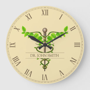 Alternative Medical Caduceus Green Leaves Beige Large Clock