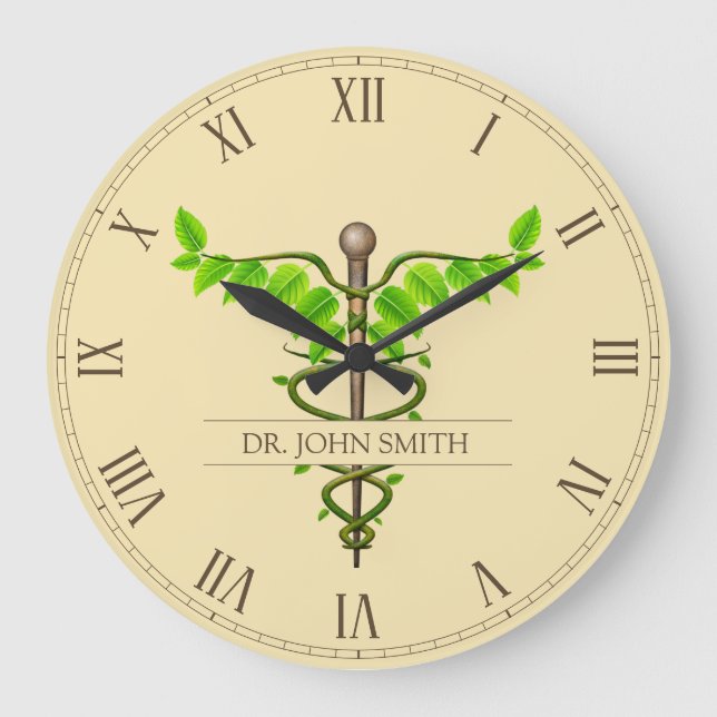 Alternative Medical Caduceus Green Leaves Beige Large Clock (Front)