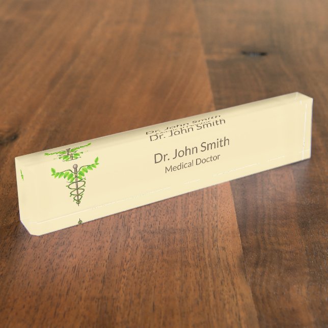 Alternative Medical Caduceus Green Leaves Beige Nameplate (Side)