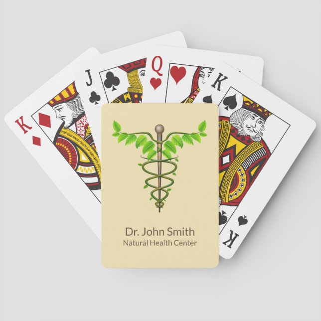 Alternative Medical Caduceus Green Leaves Beige Playing Cards (Back)