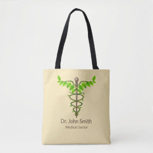 Alternative Medical Caduceus Green Leaves Beige Tote Bag