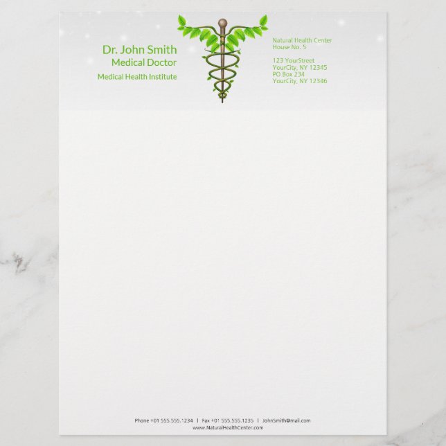Alternative Medical Caduceus Green Leaves White Custom Letterhead (Front)