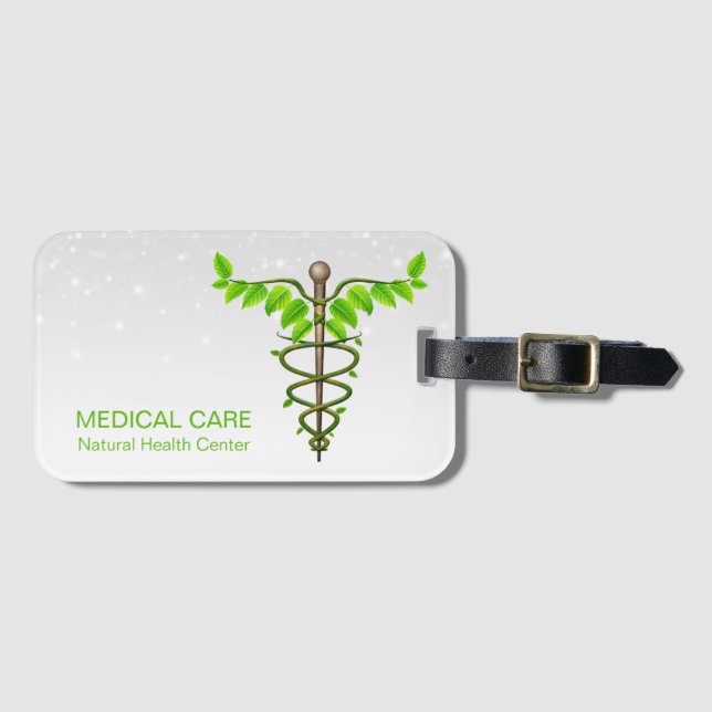 Alternative Medical Caduceus Green Leaves White Luggage Tag (Front Horizontal)