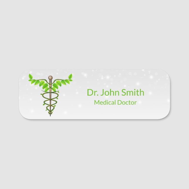 Alternative Medical Caduceus Green Leaves White Name Tag (Front)