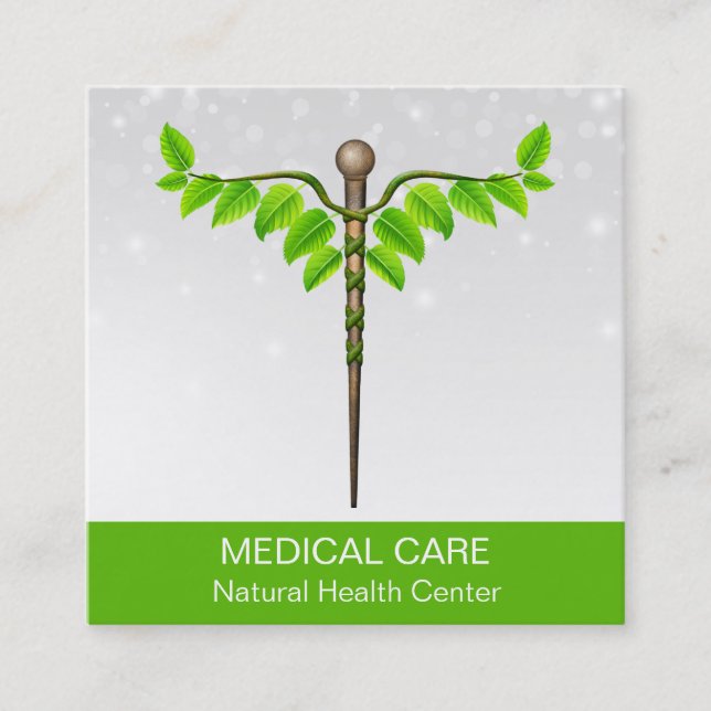 Alternative Medical Caduceus Green Leaves White Square Business Card (Front)