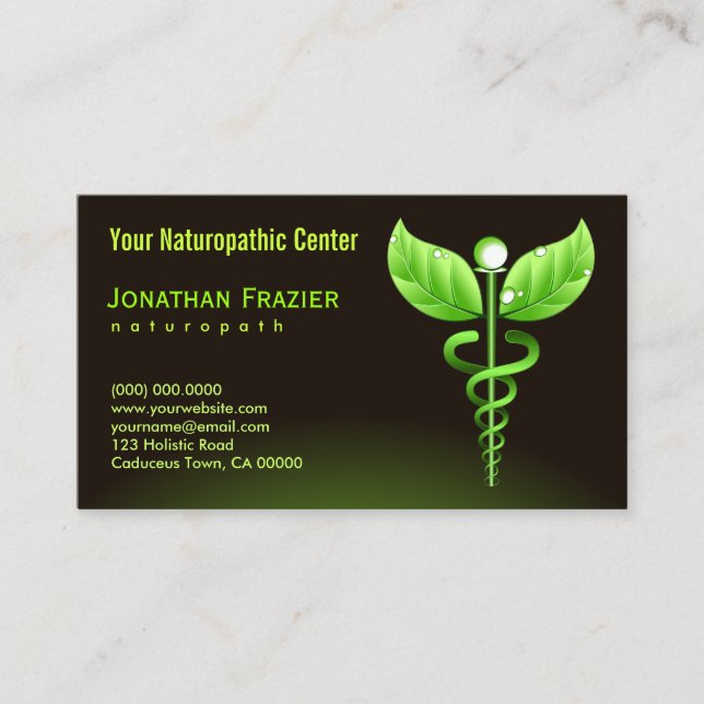 Alternative Medicine Naturopath Green Caduceus Business Card (Front)